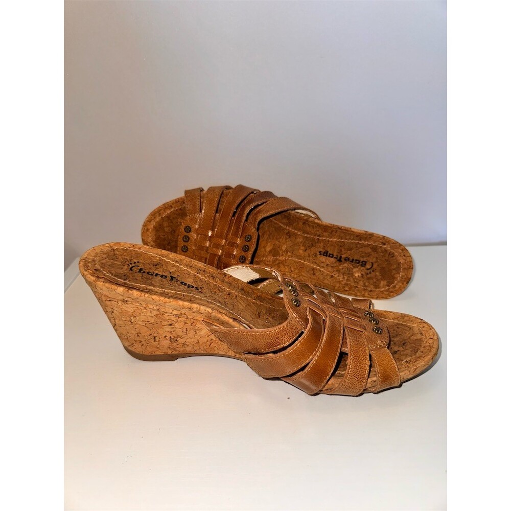 BareTraps Indee Sandals Womens Size 8 Brown Strappy Cork Wedge Slides